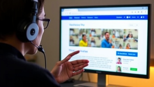 A user interacting with a website through voice commands, with a voice-activated navigation bar visible on the screen, demonstrating the seamless integration and user-friendly experience of VoiceNav Web.