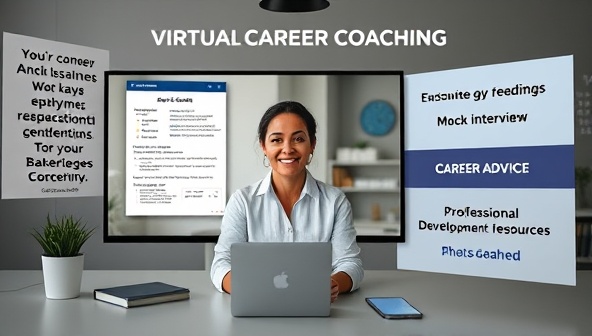 An interactive virtual career coaching session featuring a career coach providing feedback on a digital resume, conducting a mock interview, and offering career advice on a screen, surrounded by motivational quotes and professional development resources, illustrating a dynamic and empowering career coaching experience.