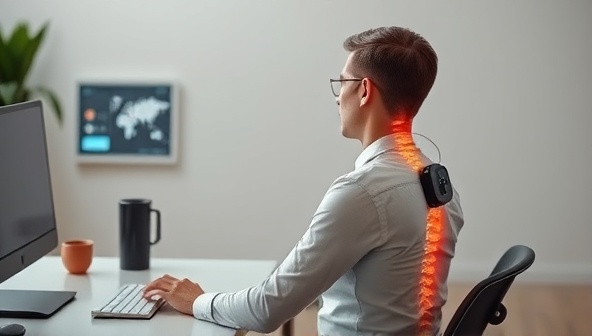 A person wearing the AI-powered posture correction wearable device at a desk, with the wearable providing real-time feedback on posture alignment, a digital interface displaying posture analysis data, and the user sitting comfortably with improved posture, illustrating the effectiveness and user-friendly nature of PosturePro Tech for enhancing spinal health and well-being.