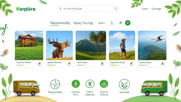 An online marketplace interface showcasing a selection of eco-friendly accommodations, responsible tour options, and green transportation choices, surrounded by nature-inspired graphics and sustainability logos, reflecting a conscious and ethical travel platform.