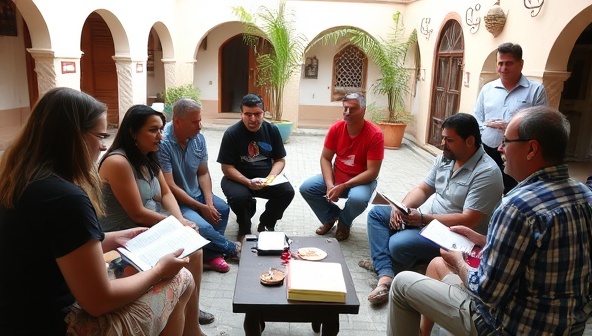 A diverse group of travelers engaged in a lively language class with a local instructor in a picturesque courtyard, surrounded by language textbooks and cultural artifacts, embodying the immersive and educational experience of LingoQuest Expeditions.