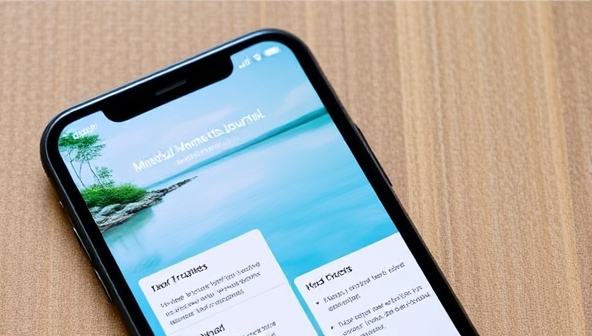 A smartphone screen displaying the Mindful Moments Journal app interface with serene nature backgrounds, journaling prompts, mood trackers, and mindfulness exercises, creating a calming and introspective digital space for users to cultivate well-being and reflection in their daily lives.