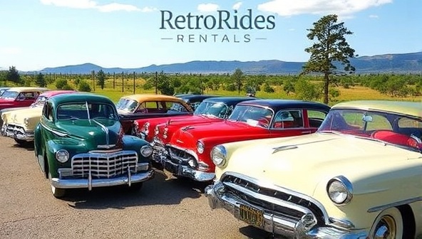 A collection of beautifully restored vintage cars lined up in a picturesque setting, evoking the nostalgia and charm associated with RetroRides Rentals, appealing to customers seeking a unique and memorable driving experience in classic automobiles.