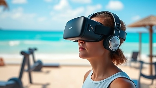 An individual wearing a VR headset, immersed in a virtual beach setting surrounded by workout equipment and receiving real-time instructions from a digital fitness trainer, illustrating the futuristic and interactive nature of the VR fitness classes.