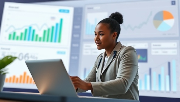 A digital platform showcasing a virtual coach guiding a client through financial charts and graphs, symbolizing empowerment and financial growth.