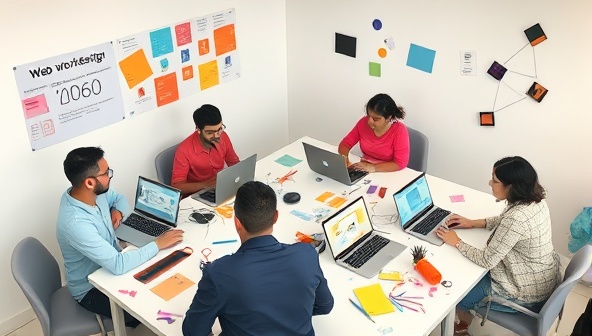 An online workshop setting with participants engaged in hands-on web design activities on their laptops, with colorful design elements and creative tools scattered around, fostering a collaborative and learning-focused environment.