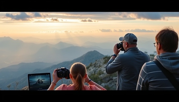A captivating image of a virtual travel photography workshop in progress, featuring a professional photographer demonstrating composition techniques on a stunning landscape backdrop, with participants engaging in the session through their cameras and laptops, capturing the essence of learning and creativity in a virtual setting.