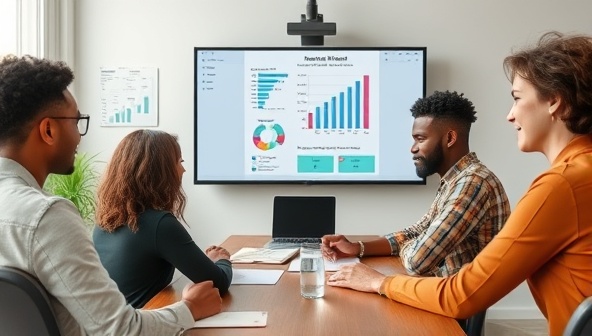 A motivating visual of a financial coach mentoring a diverse group of individuals on financial planning techniques in a virtual meeting, with charts and graphs illustrating personal finance strategies and goals, symbolizing the empowerment and guidance provided by FinanceMentor's coaching subscription.
