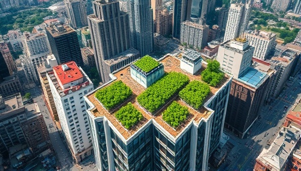 An aerial view of a bustling cityscape with green rooftop farms flourishing amidst skyscrapers, showcasing the harmonious integration of agriculture into urban environments and sustainable living practices.