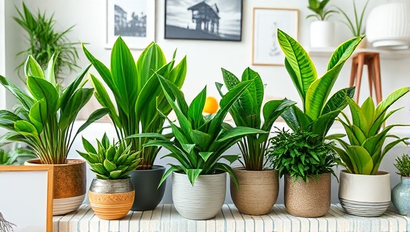 An artistic arrangement of vibrant green plants in stylish pots against a backdrop of modern home decor, showcasing the aesthetic appeal and calming effect of indoor plants in a contemporary living space.