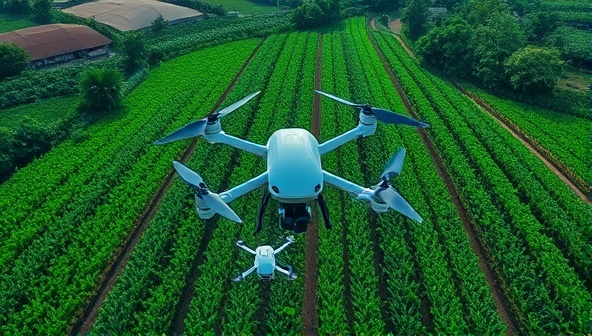 An aerial view of lush farmland with drones flying overhead, capturing data and spraying crops, showcasing the futuristic and efficient use of technology in agriculture.