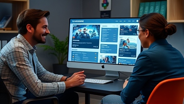 An engaging career coaching session scene featuring a professional consultant advising a client on career strategies and opportunities in the gaming industry, with a computer displaying job listings, industry insights, and career resources, illustrating the supportive and informative nature of LevelUp Career Consultants' coaching services.