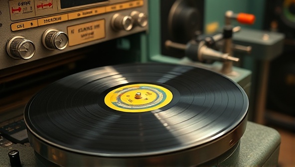 A nostalgic image of a vintage vinyl record pressing machine in operation, with vibrant colored vinyl discs being pressed, capturing the essence of retro music production and the craftsmanship behind vinyl record manufacturing.