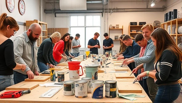 A dynamic workshop setting with participants engaged in hands-on renovation activities, surrounded by tools, paint cans, and renovation materials, showcasing a collaborative and interactive learning environment for DIY enthusiasts.