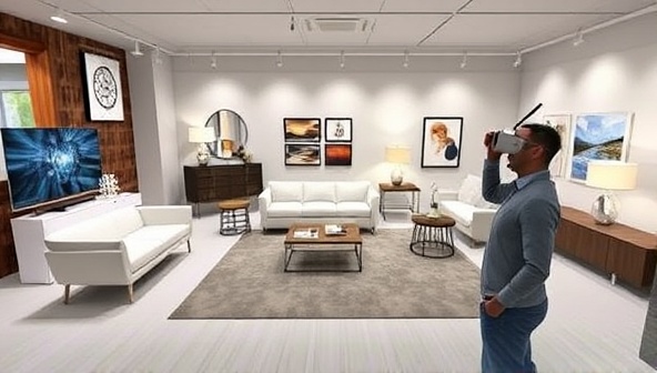 An engaging visual representation of a virtual showroom environment with realistic 3D furniture models, interactive elements, and a user navigating the space with a VR headset, highlighting the immersive experience VirtuShow offers.