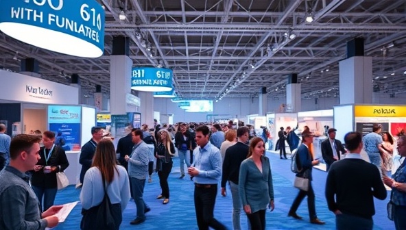 An immersive virtual event space with digital avatars networking, attending presentations, and exploring virtual booths, capturing the dynamic and engaging nature of virtual events facilitated by the agency.