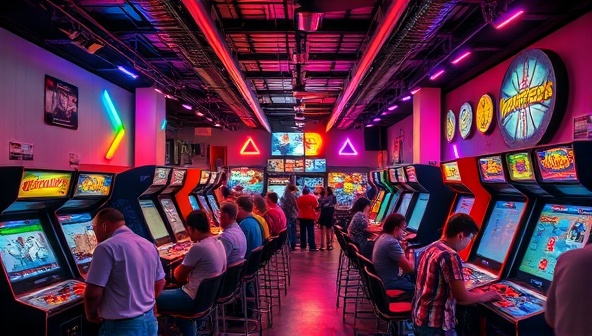 An arcade lounge filled with colorful flashing lights, rows of retro arcade machines, patrons immersed in gameplay, and a snack bar serving nostalgic treats, creating a vibrant and energetic gaming atmosphere.
