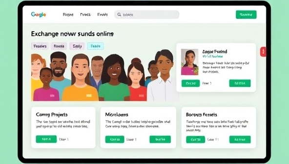 A digital platform interface showcasing a diverse group of individuals exchanging funds online, with visual representations of community projects being funded and borrowers successfully receiving microloans, illustrating financial inclusion and community support.