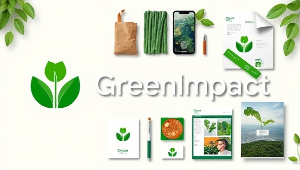 An eco-friendly visual representation of GreenImpact consultancy, featuring a logo with green elements, sustainable branding materials, and imagery of nature and renewable resources, symbolizing the consultancy's commitment to sustainability and environmental impact.