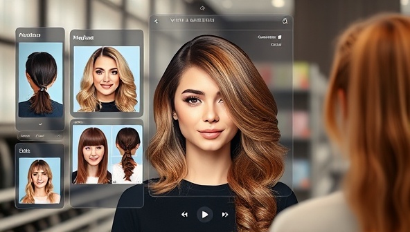 A virtual hairstyling consultation interface showing a client's photo overlaid with different hairstyle options, colors, and cuts, with a virtual hairstylist offering guidance and suggestions, illustrating the seamless integration of AI technology and personalized hair consultations.