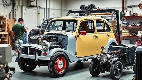 A vintage car being transformed into an electric vehicle at the workshop, with technicians working on the conversion process surrounded by modern electric car components, conveying a mix of tradition and innovation.