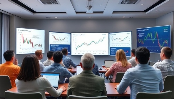 A virtual workshop setting with a diverse group of participants engaged in a financial discussion, with digital screens displaying financial charts and graphs in the background, conveying a dynamic and interactive learning environment.