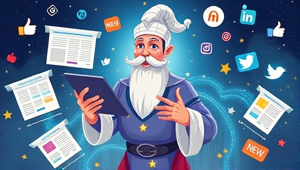 An illustration of a magical genie holding a tablet, surrounded by news articles and social media icons, symbolizing personalized news delivery and digital magic.