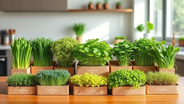 An array of vibrant microgreens showcased in elegant packaging, arranged in a modern kitchen setting with natural light streaming in, conveying freshness and health benefits of the subscription service in a stylish and appealing manner.