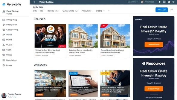A digital platform interface displaying a variety of real estate investment courses, webinars, and resources with engaging visuals and interactive elements, inviting users to explore and enhance their knowledge in real estate investing.