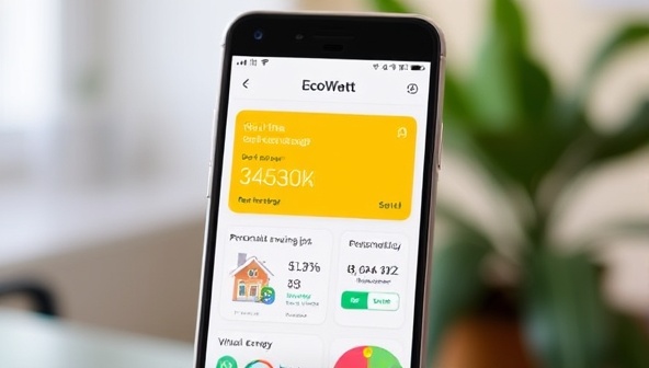 A smartphone screen displaying the EcoWatt app interface with real-time energy usage data, personalized savings tips, and a virtual home energy dashboard, illustrating the app's user-friendly design and energy management capabilities.