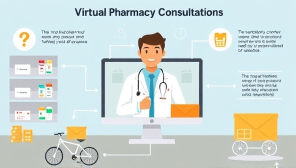 An engaging infographic showcasing the process of virtual pharmacy consultations and medication delivery, featuring a smiling pharmacist on a digital screen assisting a customer, with a backdrop of various medication options and delivery methods, highlighting convenience and expertise.