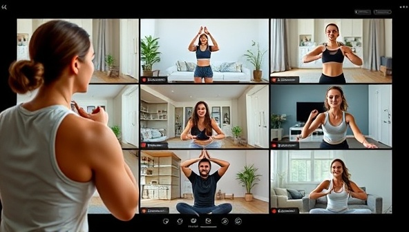 A virtual fitness coach conducting an online workout session with a diverse group of participants, each following the routine in their home environments, showcasing inclusivity and convenience.