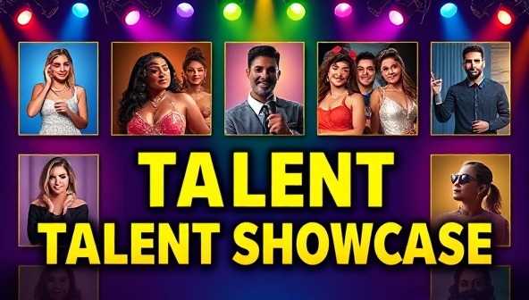 An online talent showcase event poster featuring diverse performers and artists in spotlight frames, with vibrant colors and dynamic typography, illustrating the platform's inclusive and vibrant entertainment community.