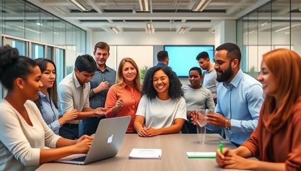 An office setting with diverse employees participating in a virtual wellness challenge, tracking their progress on a digital platform, engaging in healthy activities, and displaying teamwork and camaraderie, promoting a culture of workplace well-being and camaraderie.