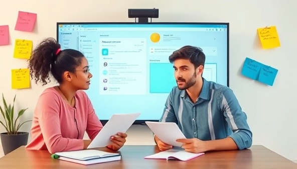 A virtual study room setting with two diverse students interacting on a shared screen, surrounded by digital study materials and colorful sticky notes, representing collaborative learning and academic support.