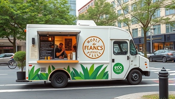 An eco-friendly food truck parked at a bustling street corner, surrounded by greenery and serving customers from a window displaying a variety of plant-based dishes in compostable packaging, conveying a commitment to sustainability and healthy eating.
