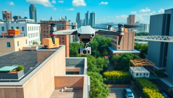 An urban rooftop scene showcasing a drone dropping off a package with precision and accuracy at a customer's balcony, with a backdrop of city skyscrapers and green spaces, highlighting the seamless and futuristic nature of autonomous drone deliveries.