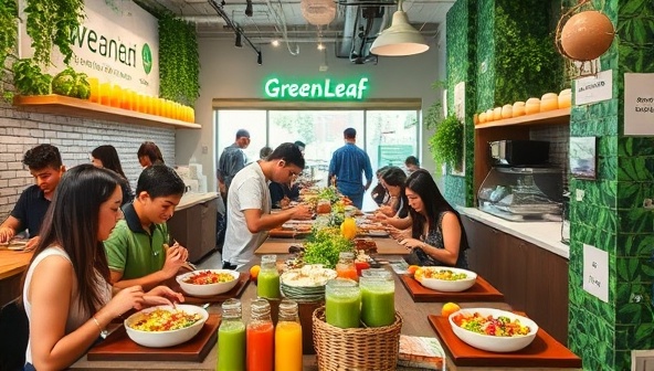 A bustling fast casual eatery scene with customers enjoying colorful plant-based bowls, freshly pressed juices, and vibrant salads, set against a backdrop of lush greenery and eco-friendly decor, embodying the essence of healthy, sustainable, and delicious dining at GreenLeaf Express Eats.