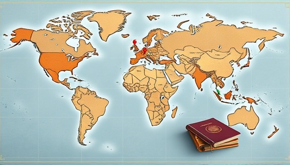 An elegant digital interface displaying a world map dotted with pins representing exotic travel destinations, accompanied by a luxurious travel journal and passport, evoking a sense of wanderlust and adventure.