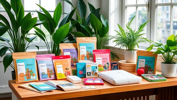 An array of colorful DIY kits neatly arranged on a wooden table, surrounded by lush green plants and natural light streaming in through a window, conveying a sense of creativity and sustainability.