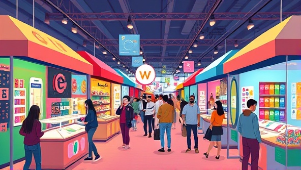 An animated illustration of a bustling pop-up market with vibrant stalls, interactive displays, and engaged shoppers exploring unique products and experiences, capturing the dynamic and engaging atmosphere of PopSpace Ventures' pop-up retail spaces for diverse vendors and customers.