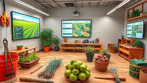 An educational and diverse virtual classroom setting with agricultural tools, plant specimens, and digital screens displaying farming techniques, illustrating a dynamic learning environment for agricultural skill development and knowledge enhancement.