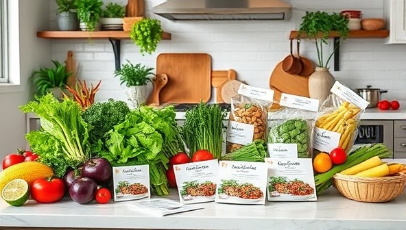 An inviting kitchen scene showcasing a vibrant array of fresh plant-based ingredients, recipe cards, and customized meal kits neatly arranged on a countertop, highlighting the convenience and variety offered by GreenEatsExpress for busy individuals embracing a plant-based lifestyle.