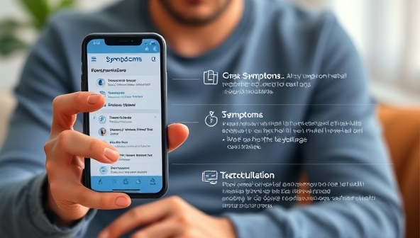 An individual using a smartphone to input symptoms into the SymptoScan AI app, receiving instant health recommendations, tracking symptoms over time, and scheduling a teleconsultation, illustrating the user-friendly and proactive health management capabilities of the service.