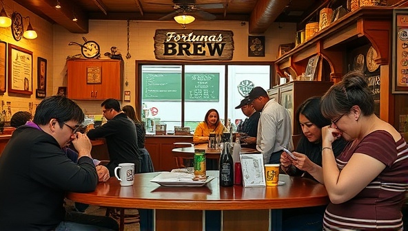 A cozy cafe interior with customers enjoying their beverages and checking their lottery tickets, surrounded by whimsical decor and lottery-themed elements, creating a warm and inviting atmosphere at Fortuna's Brew.