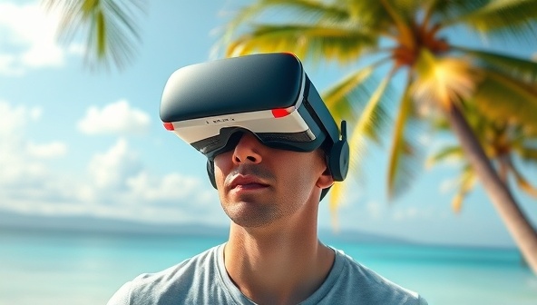 An individual wearing a VR headset, surrounded by a digitally rendered exotic beach scene with palm trees swaying and crystal-clear waters, evoking a sense of virtual escapism and wanderlust.