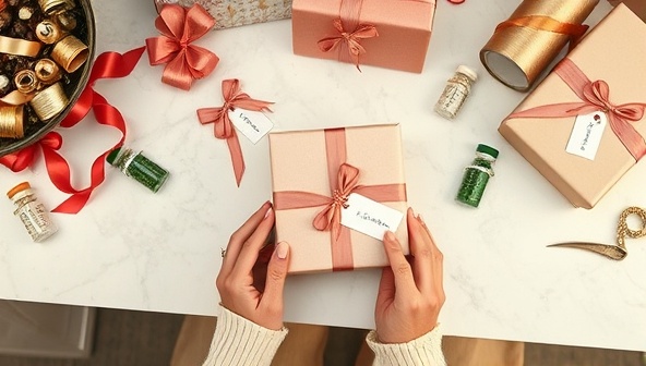 An elegant gift wrapping station with various ribbons, wrapping papers, and personalized gift tags neatly arranged on a chic desk, with hands elegantly wrapping a custom gift box, evoking a sense of luxury and personalization.