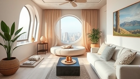 An image showcasing a serene travel space harmonized with Feng Shui elements, featuring balanced decor, natural light, and tranquil vibes, illustrating the concept of ZenVoyage Harmony's energy optimization for travelers seeking peace and balance during their journeys.