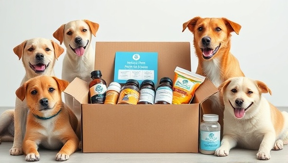 An appealing image showcasing a variety of pet medications and supplements neatly arranged in a subscription box, surrounded by happy pets enjoying the products, conveying the convenience and care of the service.