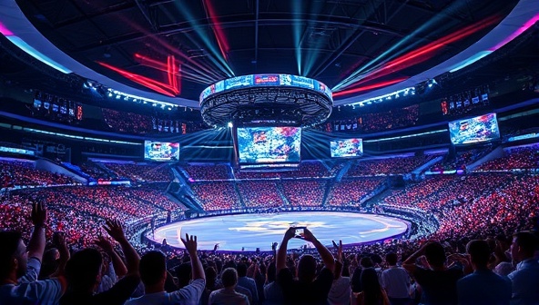 An electrifying image of a virtual eSports arena filled with cheering spectators and digital displays showing live gameplay and betting odds, capturing the excitement and energy of the eBetArena live betting platform.